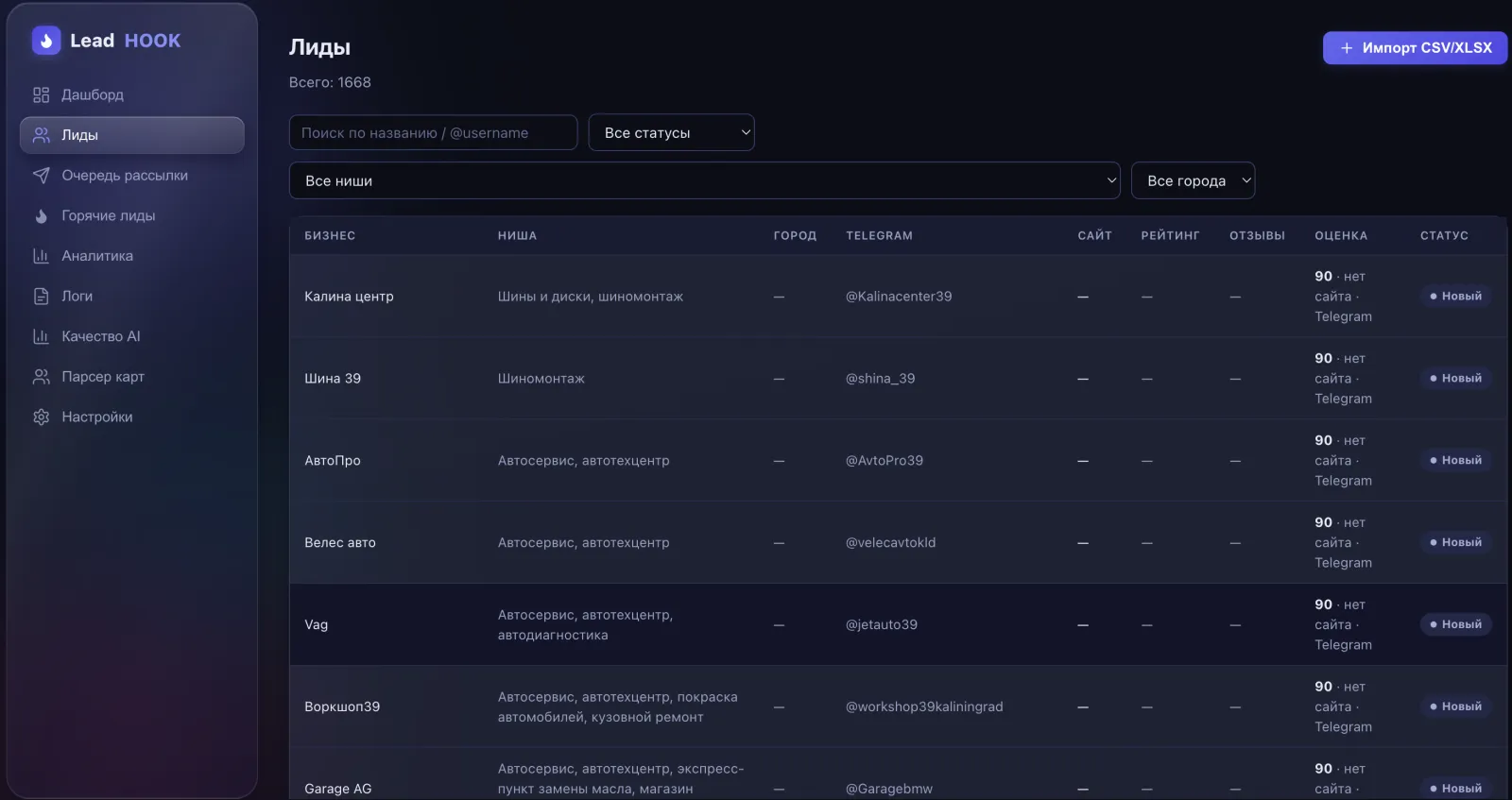 Интерфейс LeadHOOK: таблица лидов с нишами, городами и статусами